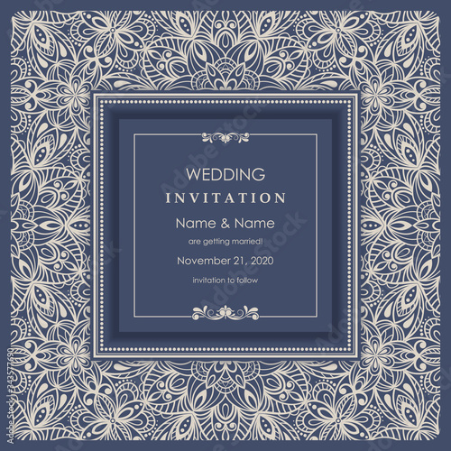 Wedding Invitation card Eastern style. Arabic  Pattern. Mandala ornament. Frame with flowers elements. Vector illustration.