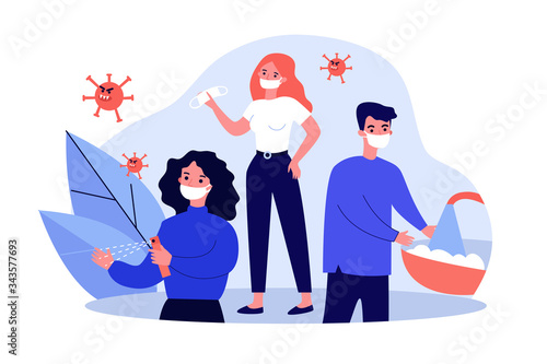People practicing hygiene for protection from coronavirus. Men and women wearing face masks, washing and sanitizing hands. Vector illustration for coronavirus, disease prevention, guide concept