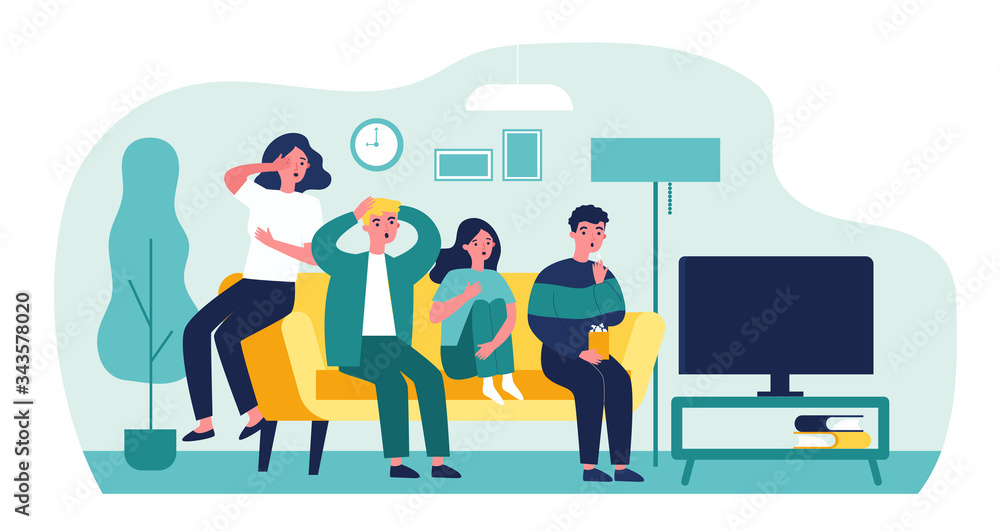 Group of friends watching scary movie flat vector illustration. Cartoon people sitting at sofa together and watching horror via TV. Friendship and leisure concept. Group of friends watching scary movie flat vector illustration. Cartoon people sitting at sofa together and watching horror via TV. Friendship and leisure concept.