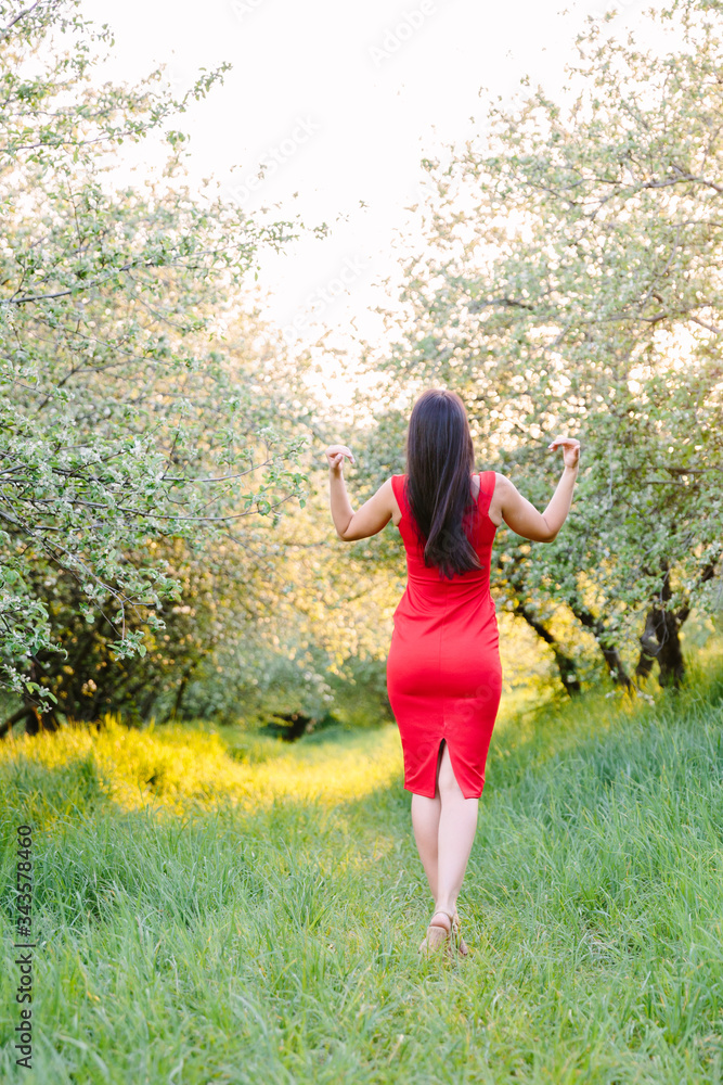 Beautiful young woman standing in the summer park in elegant red dress. back view. Beautiful young woman standing in the summer park in elegant red dress. back view.