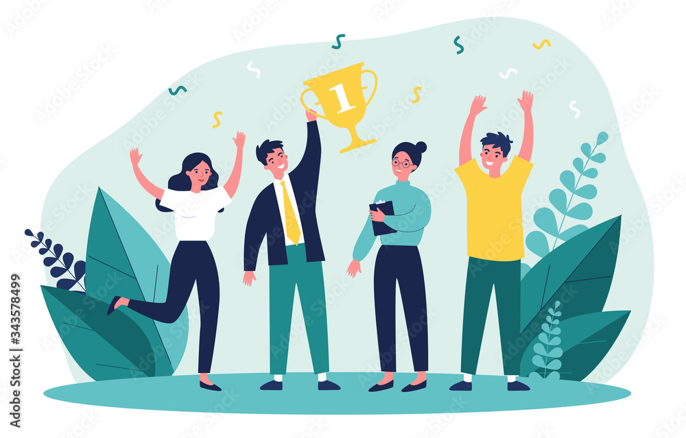 Happy business team winning prize. Winners celebrating achievement and holding trophy cup. Vector illustration for teamwork, award, corporate success concept Happy business team winning prize. Winners celebrating achievement and holding trophy cup. Vector illustration for teamwork, award, corporate success concept