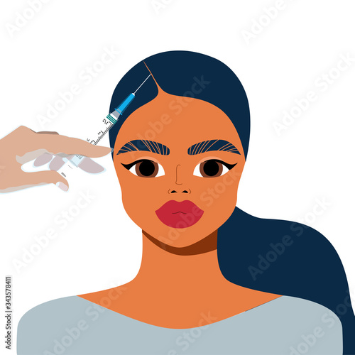 Hair growth cosmetic procedure. Female face and hand-holding syringe. The beauty industry and injection concept. Hairline injections. Hair growth fillers, vitamin injections.
