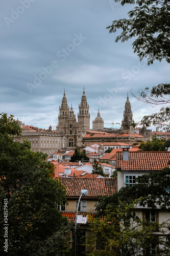 Santiago de Compostela cityscape from Alameda Park hill. View of Cathedral’s facade and towers. Galicia