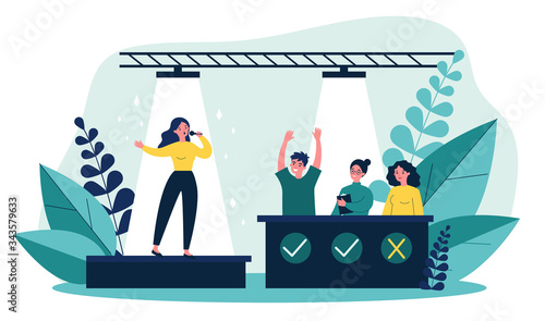 Woman signing at talent show flat vector illustration. Future celebrity singer standing on scene or stage in front of jury assessing her. Competition and television contest concept.