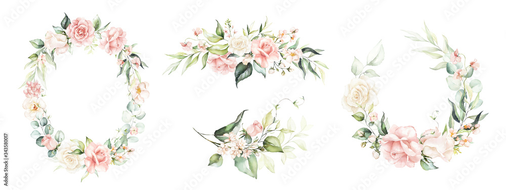 Watercolor floral wreath / frame / bouquet set with green leaves, pink peach blush flowers and branches, for wedding stationary, wallpapers, fashion. Eucalyptus, olive, green leaves, rose.