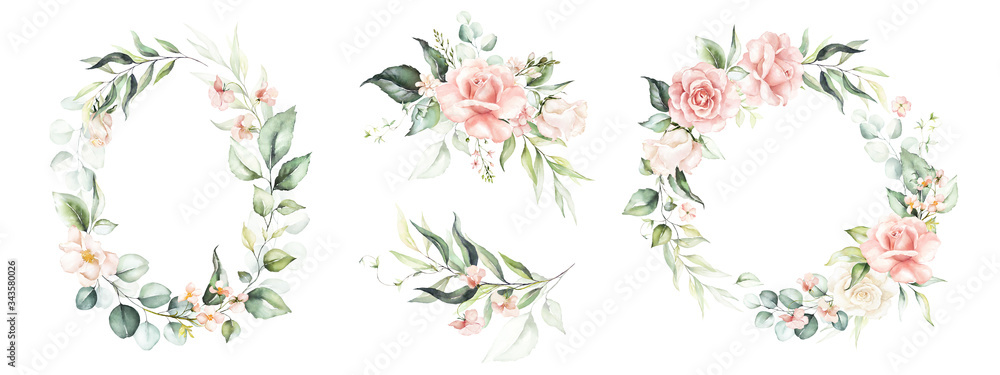 Watercolor floral wreath / frame / bouquet set with green leaves, pink peach blush flowers and branches, for wedding stationary, wallpapers, fashion. Eucalyptus, olive, green leaves, rose.