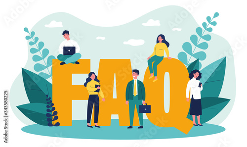 FAQ giant letters. Frequently asked questions page template. Users searching useful information, instruction for problem solving. Vector illustration for help, support, assistance concept