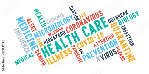 Health care word tag cloud lettering typography on a white background. Multi-colored inscriptions on the theme of the fight against coronavirus infection.