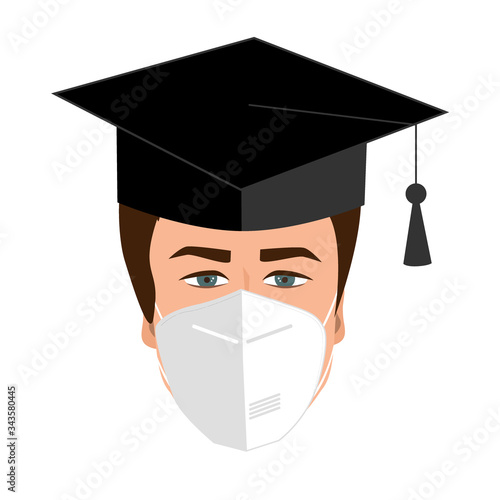 University graduate student in bonnet and medical mask. Quarantine 2020 graduation concept. Guy graduate icon, vector illustration
