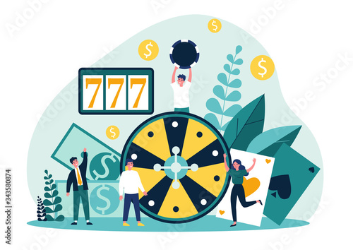 Happy people playing poker. Gamblers with chips and cards gathering at roulette, winning money. Vector illustration for online casino, gamble, risk concept