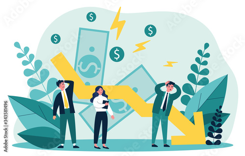 People facing financial crisis and loss. Business people upset about recession, economy problems. Vector illustration for bankruptcy, decrease, company failure, debt concept