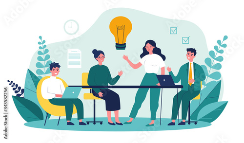 Business team working together, brainstorming, discussing ideas for project. People meeting at desk in office. Vector illustration for co-working, teamwork, workspace concept photo