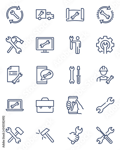 Repair signs thin icon set. Wrench symbol, spanner in human hand, on screen, on truck, maintenance tools, toolkit. Line icons for technical support, service, engineering, setup concept