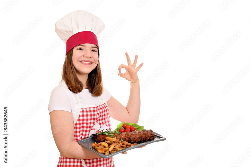 happy girl cook with pork spare ribs at plate and ok hand sign happy girl cook with pork spare ribs at plate and ok hand sign