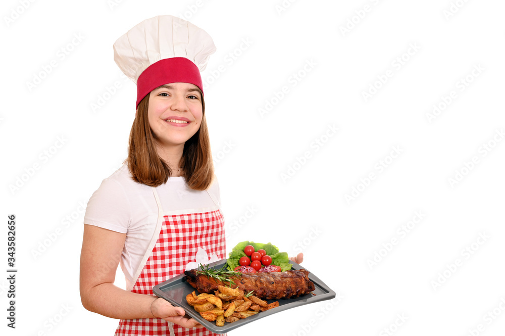 happy girl cook with pork spare ribs at plate happy girl cook with pork spare ribs at plate