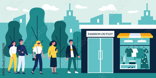 Queue of people waiting trendy fashion outlet opening. Customers standing at store entrance doors. Vector illustration for shopping, sale event, boutique concept