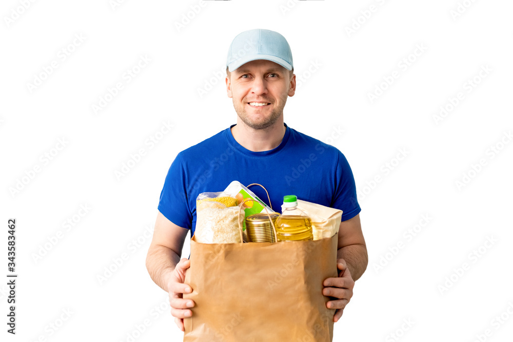Happy Delivery man in blue cap blank tshirt uniform glove hold donations bag on isolated on white background. Service quarantine pandemic coronavirus virus 2019-ncov concept Pandemic. Donation food Happy Delivery man in blue cap blank tshirt uniform glove hold donations bag on isolated on white background. Service quarantine pandemic coronavirus virus 2019-ncov concept Pandemic. Donation food