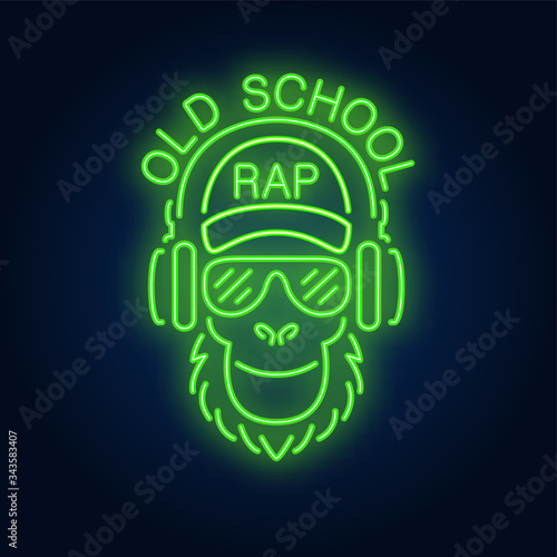 Old school rap neon text and cool monkey in glasses and headphones. Neon sign, night bright advertisement, colorful signboard, light banner. Vector illustration in neon style.