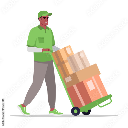 Warehouse worker with handtruck semi flat RGB color vector illustration