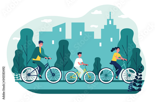 Young family cycling with city on background flat vector illustration. People riding on bikes in urban park. Healthy lifestyle, vacation and leisure concept.