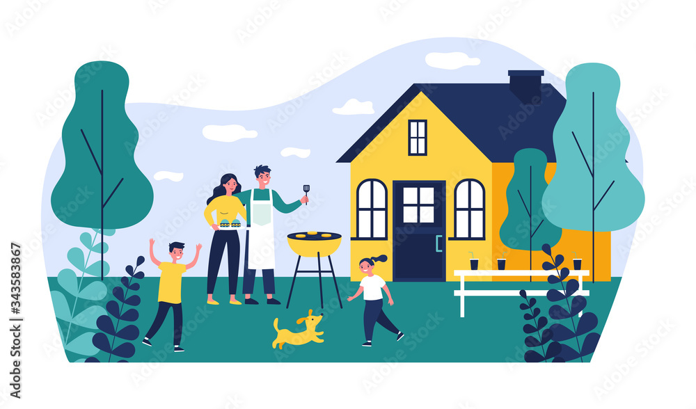 Happy family doing barbecue at garden flat vector illustration. Mother and father cooking outdoor near house. Kids playing with dog at backyard. BBQ party and weekend concept Happy family doing barbecue at garden flat vector illustration. Mother and father cooking outdoor near house. Kids playing with dog at backyard. BBQ party and weekend concept