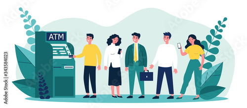 Queue of bank clients standing at ATM. People standing in line for using their credit card for transactions. Vector illustration for finance, money withdraw, currency concept