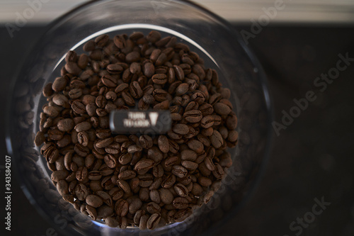 Detail coffee bean in a grinder