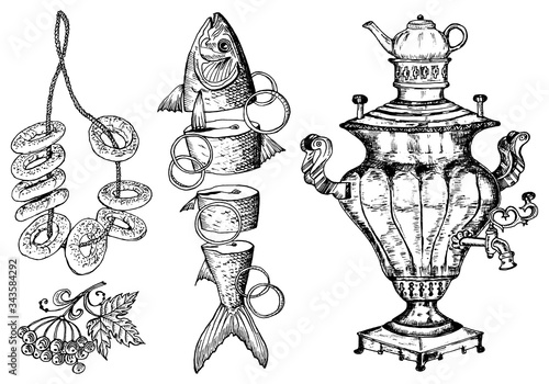Traditional Russian food. Sushki and sliced fish with lemon, sturgeon and Samovar. Moscow cuisine. Hand drawn sketch. Top view. Engraved monochrome vector illustration.