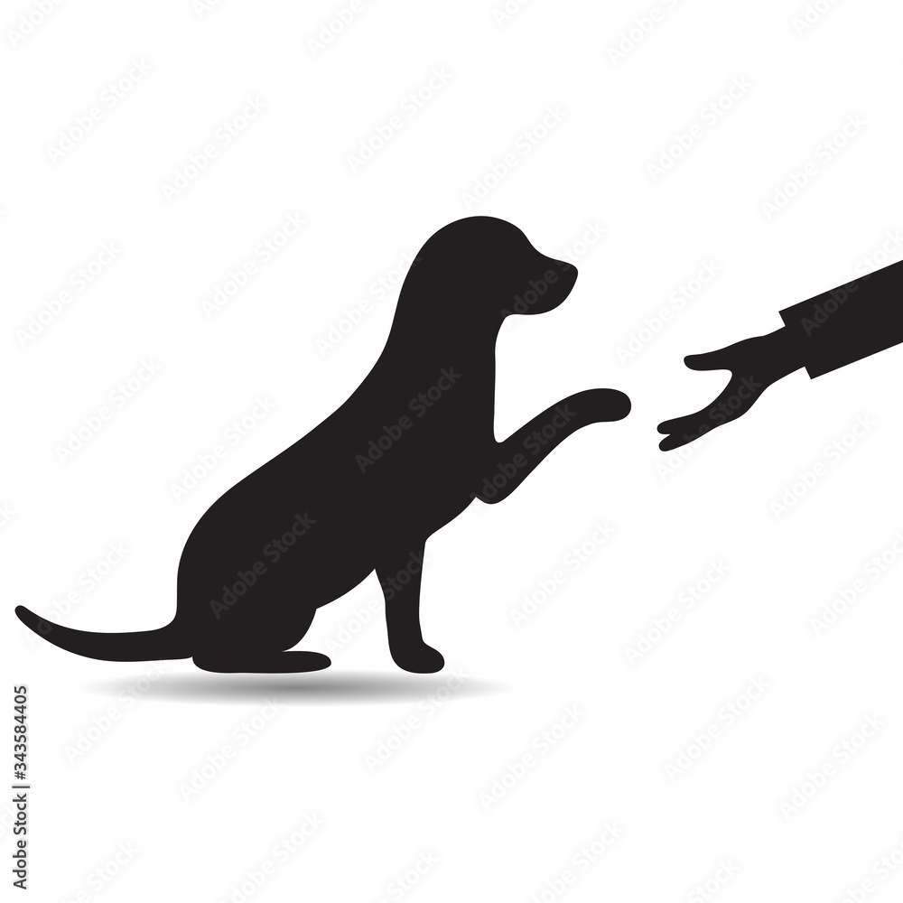 illustration a dog holds out a paw to a man on a white background