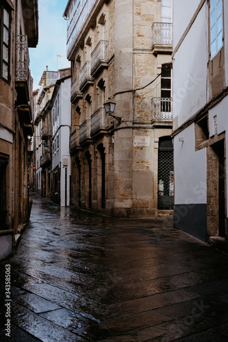 Pedestrian street after the rain in old town Santiago de Compostela, Galicia