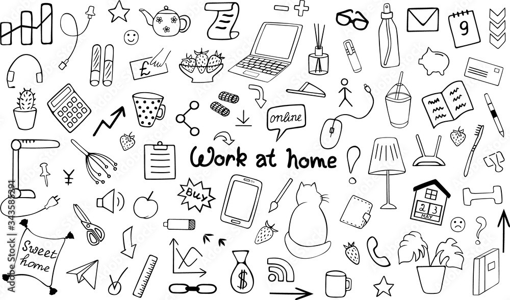 Cute vector hand drawn doodle set. Quarantine positive doodle icons, home elements isolated on white background.