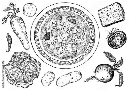 Traditional Russian food. Borscht in a plate. Ingredients for making soup. Moscow cuisine. Beets, cabbage, carrots and spices. Hand drawn sketch. Top view. Engraved monochrome vector illustration.