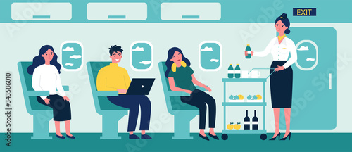 Passengers in air trip waiting for beverage flat vector illustration. Business class travelers sitting near airplane window. People travelling by plane. Airline, tourism and journey concept