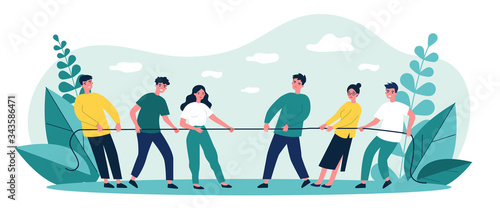 People playing game and pulling rope flat vector illustration. Office contest for two teams resisting each other in struggle. Competition, challenge and confrontation concept