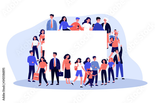 Crowd of people of different ages standing together. Happy young men and women with children at blank billboard. Vector illustration for population, society, community concept