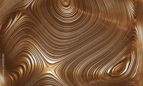 3D rendering of an abstract gold, shiny, metallic background with wavy, swirl design. Illustration has futuristic, sleek, elegant, luxury style. Great for backdrops, banners, wallpapers and promotions