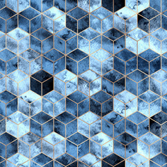 Wandcirkels Blauw goud patronen Goud blauwe zeshoeken aquarelpatroon  © Tamiris