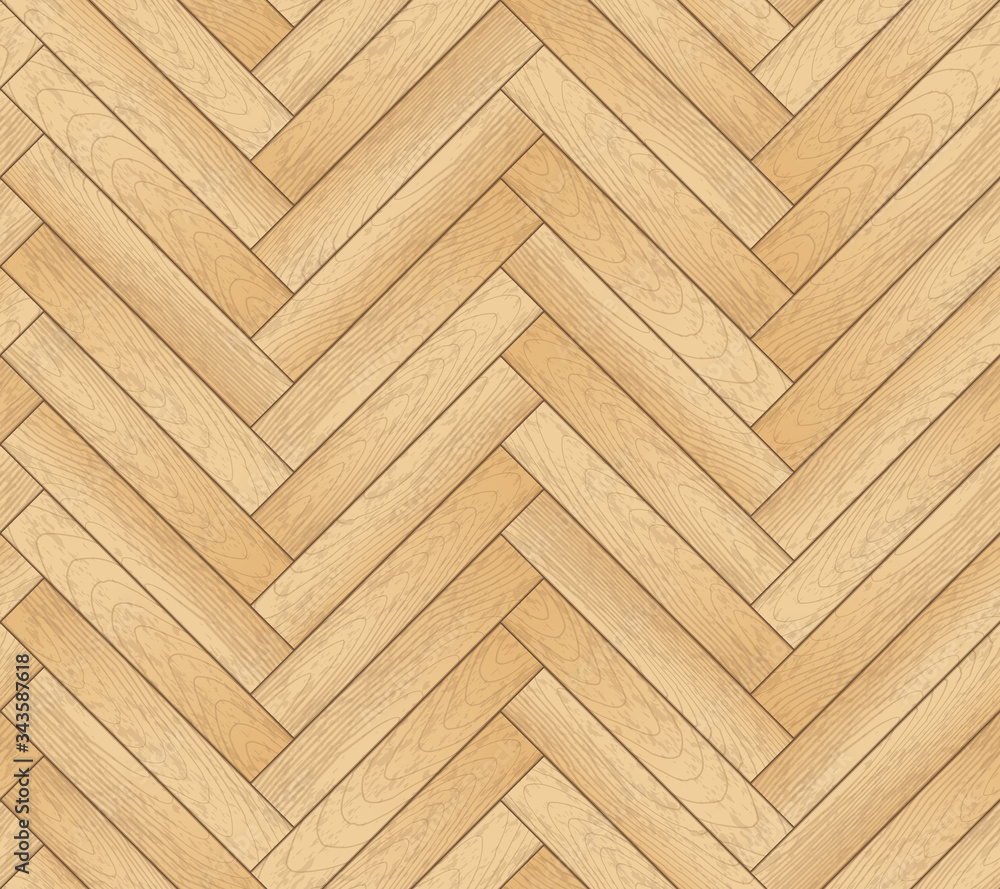 Vector seamless pattern with wooden zigzag planks. Old wood herringbone parquet floor background - obrazy, fototapety, plakaty 
