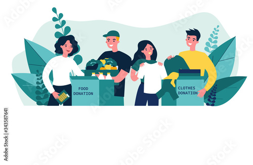 Happy volunteers donating clothes and food for charity flat vector illustration. Young volunteering team putting stuff into boxes for poor people. Kindness and generosity concept.
