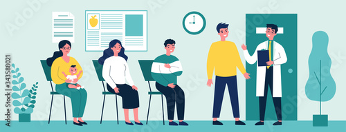 Queue of patient sitting at therapist office in clinic. People visiting medical practitioner for examination in hospital. Vector illustration for doctor, healthcare, medicine, health concept