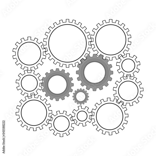 Techno Background with Geometric Gear Wheels Icon. Machinery Logo. Modern Mechanism Cog Concept. Technologic Mechanical Cogwheel Tool on White Background. Teamwork Symbol. Part of Transmission.