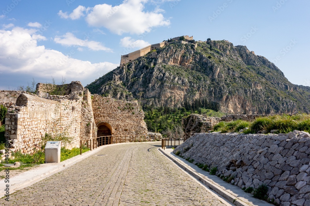 Fortress of Palamidi on a rocky hill in Nafplio, Greece with a castle wall