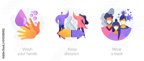 Prevent coronavirus spread abstract concept vector illustration set. Wash your hands, keep distance, wear a mask, virus exposure risk, social distancing, personal protection abstract metaphor.