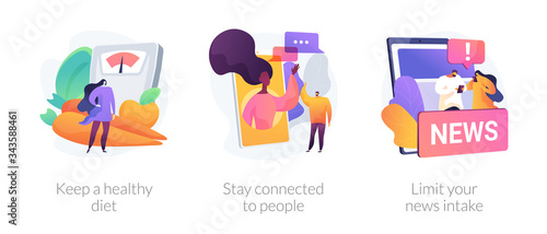 Self-qarantine wellbeing abstract concept vector illustration set. Keep a healthy diet, stay connected to people, limit your news intake, home cooking, social media connections abstract metaphor.