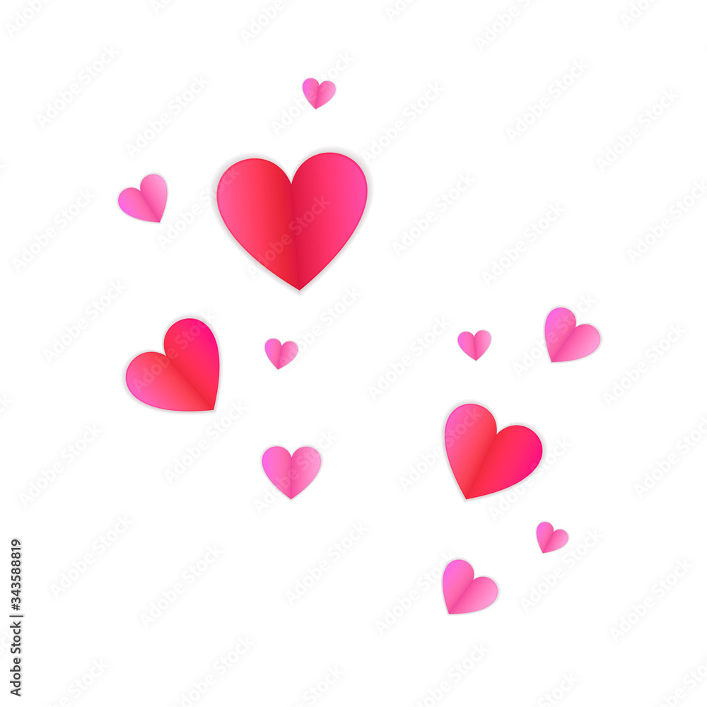 Vector pink flowing hearts, paper art style objects isolated on white background, bright colorful illustration template.