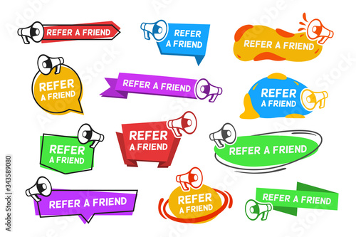 Refer a friend announcement set with loudspeakers. Bright speech bubbles, ribbons megaphone, abstract shapes Vector illustration for referral program, recommendation, social marketing concept