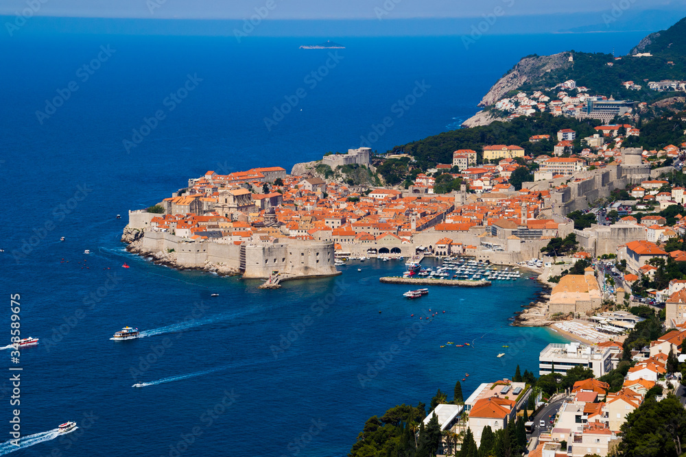 Aerial view of Dubronik's walled old medieval city on the coast of the Adriatic Sea in Croatia - Fortress Saint John