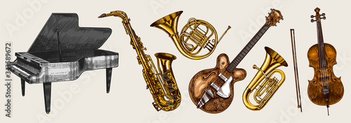 Jazz classical wind instruments set. Musical Trombone Trumpet Flute Bass guitar Semi-acoustic French horn Saxophone Cello Tuba Violin. Hand drawn monochrome engraved vintage sketch.