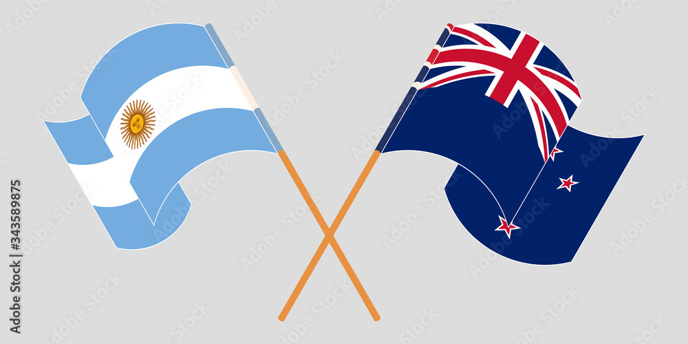 Crossed and waving flags of New Zealand and Argentina Crossed and waving flags of New Zealand and Argentina