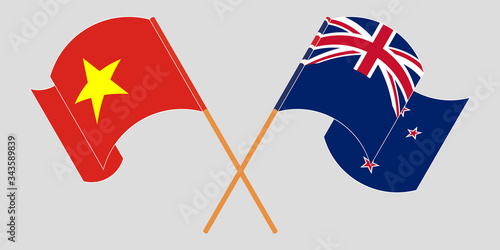 Crossed and waving flags of New Zealand and Vietnam